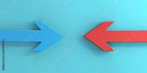 Fototapeta Blue and red arrows pointing in opposite directions on a turquoise background, representing contrasting choices