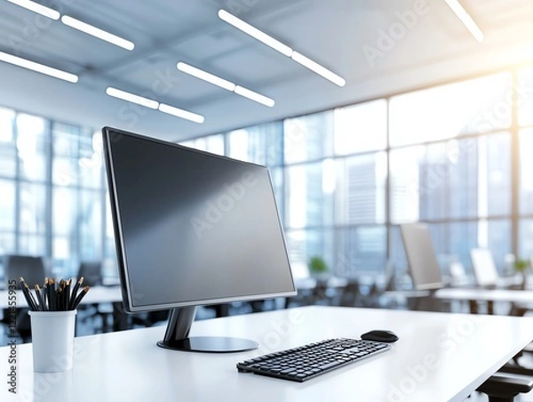 Obraz A modern office workspace featuring a sleek desktop computer on a minimalistic desk. Bright sunlight streams through large windows, highlighting a clean and organized environment.