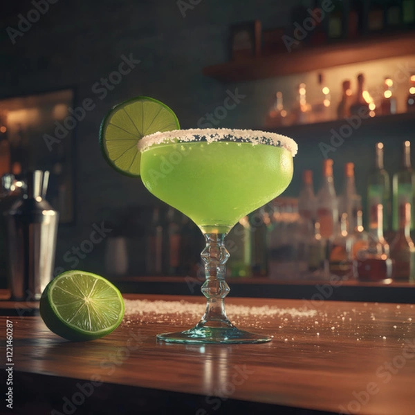 Fototapeta Classic Margarita with Lime and Salt Rim on a Bar Counter