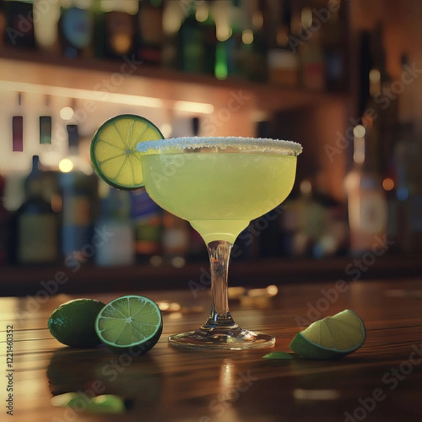 Fototapeta Classic Margarita with Lime and Salt Rim on a Bar Counter