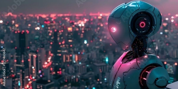 Fototapeta Futuristic robot silhouette against neon cyberpunk cityscape background with pink and blue lighting, perfect for technology, AI and future concept designs in digital media.
