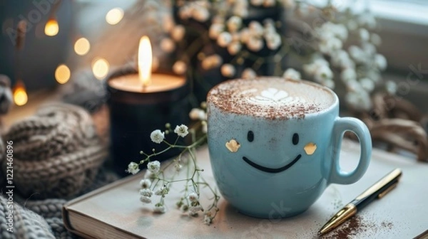 Fototapeta A light blue mug with latte art in the shape of a smiley face on a white book