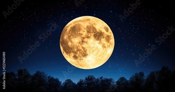 Fototapeta Large Yellow Full Moon Over Dark Silhouetted Trees Under Starlit Night Sky