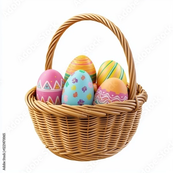 Fototapeta 3D icon cartoon basket filled with Easter eggs, isolated on a white background --quality 2