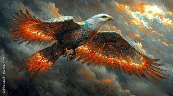 Fototapeta Mechanical Eagle Soaring Through Clouds