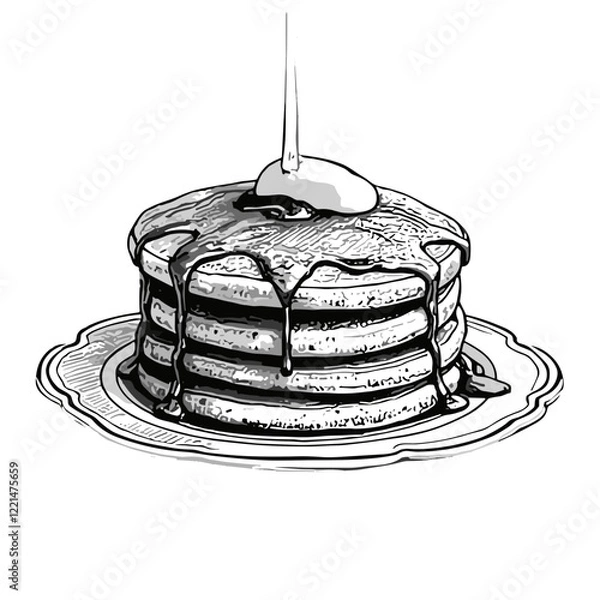 Fototapeta Stack of pancakes with syrup and butter in sketch style.