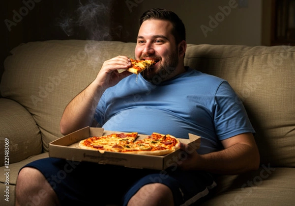 Fototapeta Fat man on the couch with a satisfied face eating pizza and watching TV