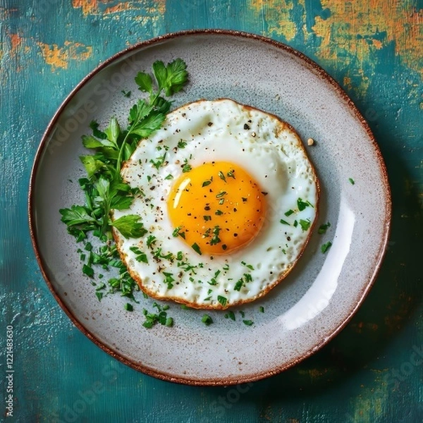 Fototapeta A perfectly cooked sunny-side up egg sits on a plate, garnished with fresh herbs, showcasing a bright yolk against a rustic blue background, ready to be enjoyed.