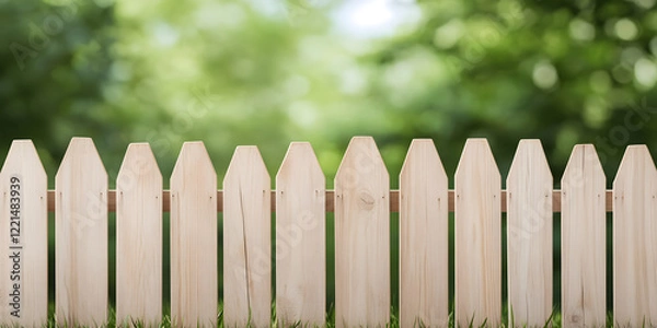 Fototapeta A classic picket fence stands tall against a softly blurred backdrop of lush greenery, creating a serene and idyllic scene.
