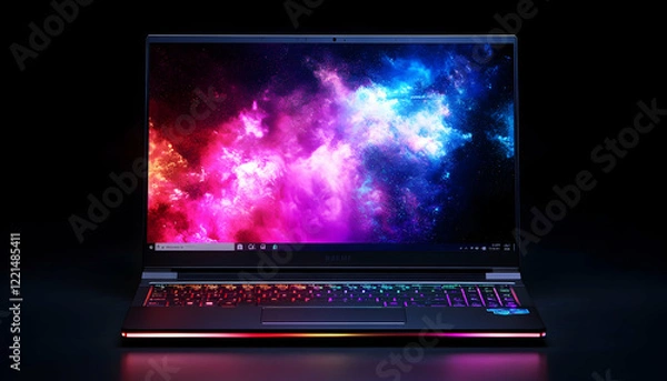 Fototapeta Modern laptop computer with RGB lighting on a dark background