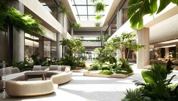 Fototapeta Modern shopping mall with spacious open layout, abundant natural light, and green indoor landscaping creating a serene and inviting environment for visitors