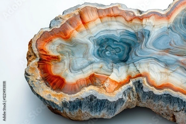Fototapeta A stunning agate geode slice reveals intricate concentric bands of orange, blue, and white, showcasing the beauty of natural formations.