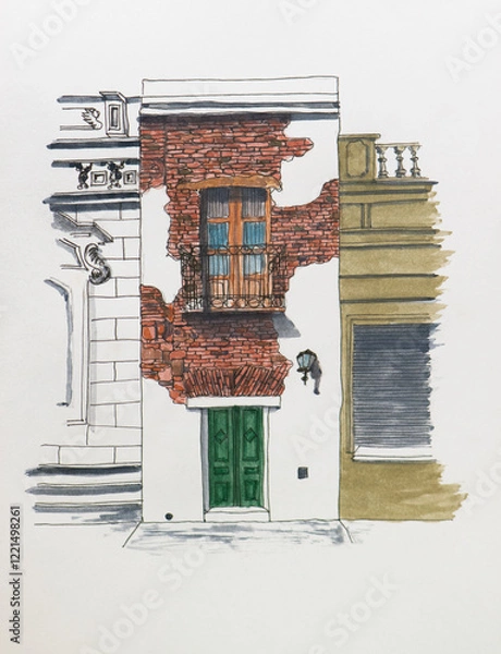 Obraz Watercolor hand painted rusty flat house 