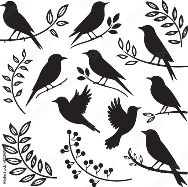 Fototapeta Collection of Bird Silhouettes in Various Poses with Branches and Leaves – Elegant Minimalist Design