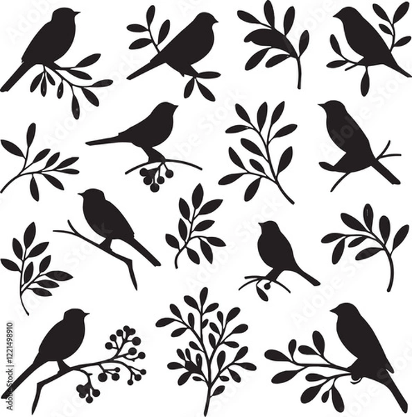 Fototapeta Collection of Bird Silhouettes in Various Poses with Branches and Leaves – Elegant Minimalist Design