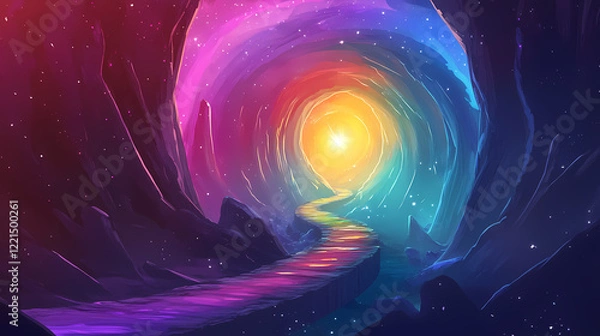 Obraz Art piece depicting a mysterious, ethereal scene with a rainbow-colored spiral, a bright light at the center, and a winding path leading to it. Galactic Path. Illustration