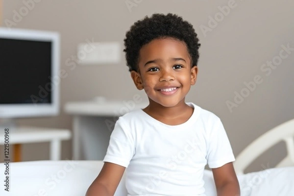 Fototapeta An African American boy around four years old sits on a hospital bed looking at the camera with a cheerful smile. The room is well-lit with light walls and simple decor creating a warm atmosphere