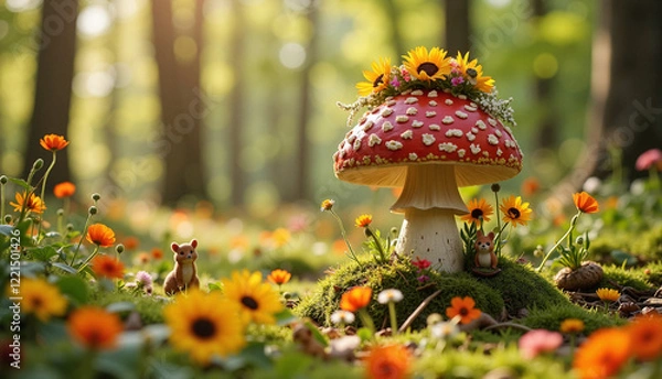 Obraz Whimsical toadstool mushroom decorated with flowers, surrounded by vibrant wildflowers and a squirrel in a sunny forest
