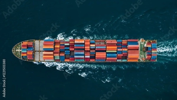 Fototapeta Top-down view of a cargo ship loaded with colorful shipping containers cruising through calm ocean waters, representing freight shipping, export-import business and maritime trade