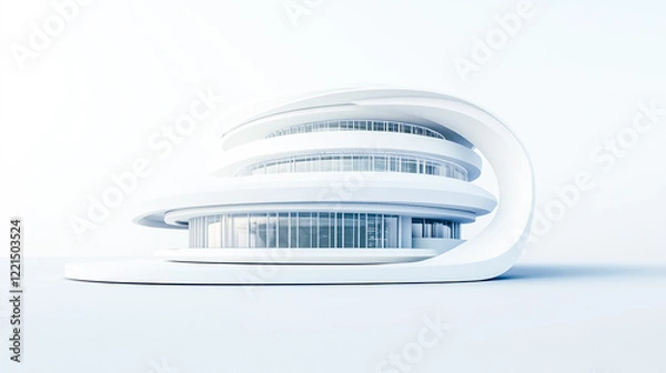 Fototapeta 3D illustration of a white circular building with modern geometric architecture, showcasing a futuristic technology design