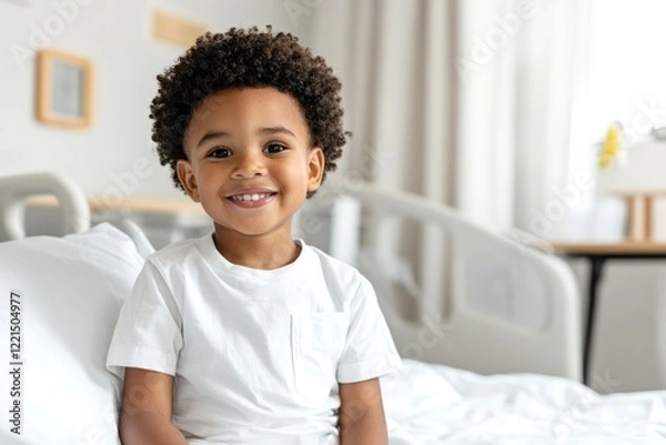 Fototapeta A joyful African American boy about four years old sits on his hospital bed looking at the camera with a cheerful smile. The well-lit room features simple decor and ample copy space