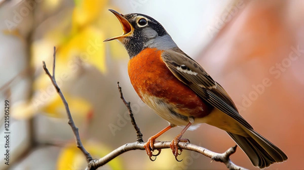 Fototapeta Robin bird on a tree branch in wood. 