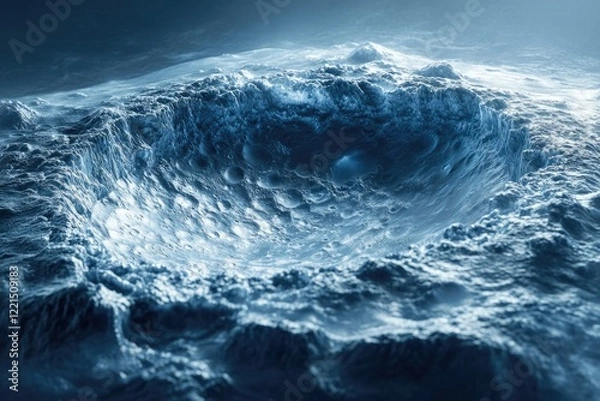 Fototapeta A vast, icy crater dominates a surreal, alien landscape, evoking a sense of mystery and cold isolation.