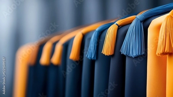 Fototapeta A close-up view of graduation caps with vibrant blue and orange tassels, symbolizing achievement, education, and celebration of academic accomplishments