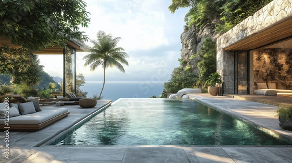 Obraz A luxurious wellness retreat in a tropical paradise featuring infinity pools palm trees and a serene meditation spot overlooking the vast ocean for ultimate relaxation