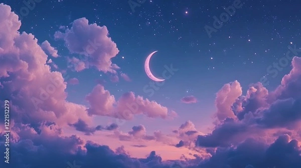 Obraz Moonlit sky with pink clouds at night