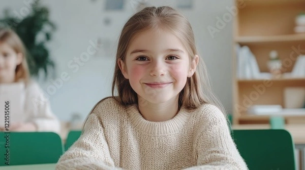Obraz A cheerful White European girl around eight years old is seated at a green desk grinning widely while looking straight at the camera