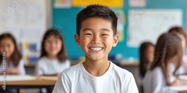 Fototapeta A young Asian boy about nine years old smiles warmly at the camera in a school setting. In the background other children appear engaged highlighting a joyful atmosphere of learning and friendship