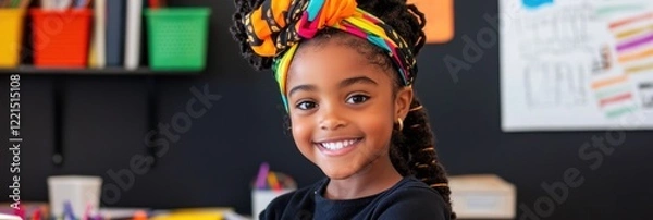 Fototapeta An African American girl around eight years old beams a warm smile while seated at a school desk. Her notebook is open and colorful educational posters decorate the cheerful classroom