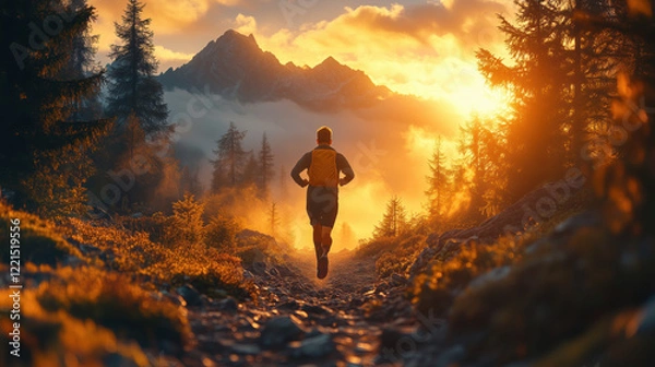 Obraz A determined man running through rugged mountain trails at dawn pushing his limits in a pristine natural environment as golden sunlight filters through the trees