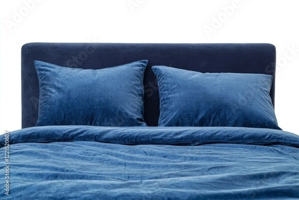 Fototapeta A neatly made bed with two blue pillows on top of it. The pillows are fluffy and the bedspread is a deep blue color. The bed is positioned against a white background, creating a clean
