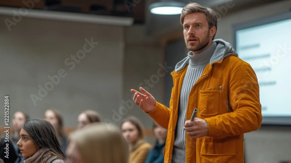 Obraz A mental health advocate delivering an inspiring talk on stress management and emotional resilience techniques to an engaged audience in a modern spacious hall