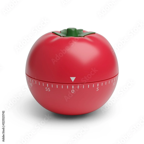 Obraz Tomato shaped kitchen timer isolated on white background. Pomodoro technique concept. 3d illustration.