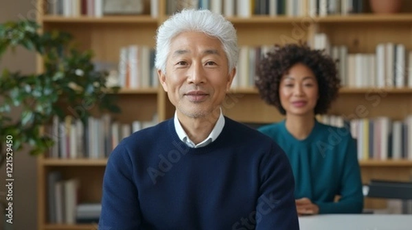 Fototapeta A man and woman are sitting in a room with a lot of books. The man is wearing a blue sweater and the woman is wearing a blue shirt. They are both smiling and looking at the camera. The room has a cozy