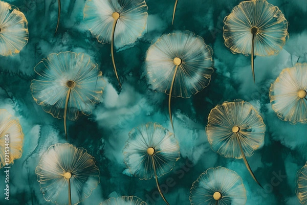 Fototapeta Elegant dandelion flowers on a teal watercolor background