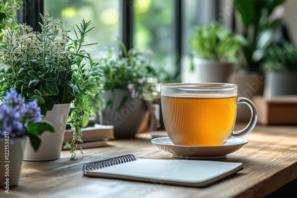 Obraz A modern minimalist desk setup with plants a notebook and a cup of herbal tea creating a clean tech-free work environment that promotes mental clarity and focus