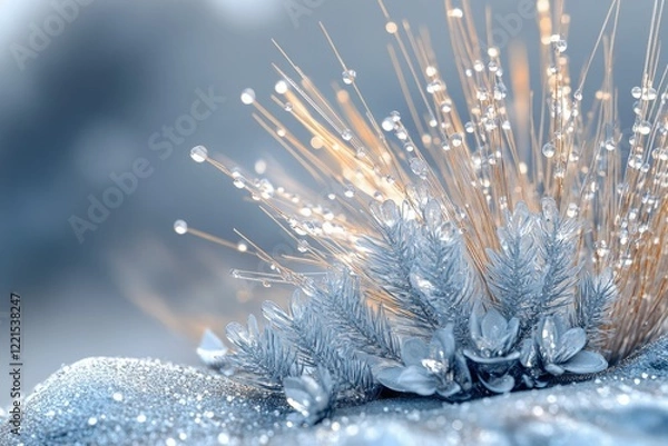 Fototapeta Silver frosted winter flora with glistening dewdrops, creating a magical scene.