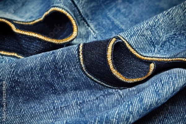 Fototapeta A close-up view of a pair of worn and torn jeans, with visible holes and fraying
