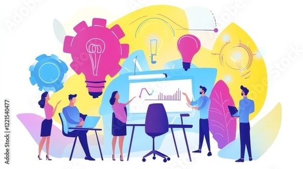 Fototapeta Professionals Engaged in a Collaborative Meeting at a Modern Office Space Discussing Project Ideas and Strategies With a Presentation on a Large Screen