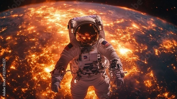 Fototapeta Astronaut stands near planetary surface, ready for exploration