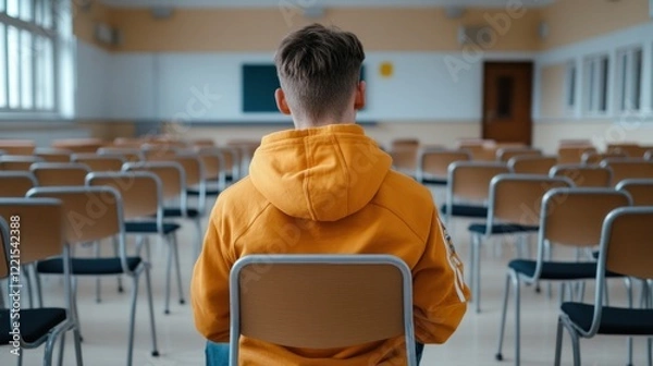 Fototapeta A solitary schoolboy sits in an empty classroom lost in thought. The atmosphere is heavy with silence symbolizing his struggles with school challenges and experiences of bullying