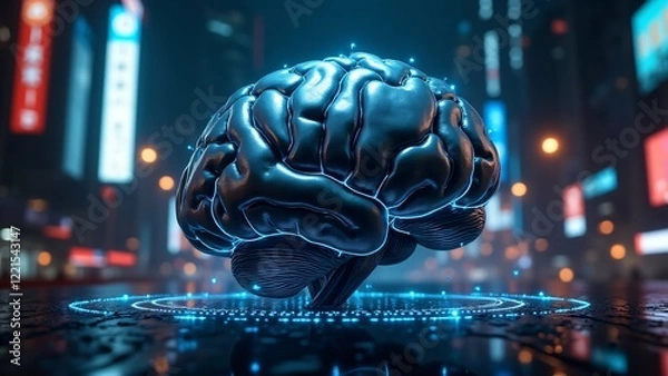 Fototapeta A futuristic steel brain surrounded by glowing energy lines in a neon-lit city, pulsing with energy in a cyberpunk atmosphere
