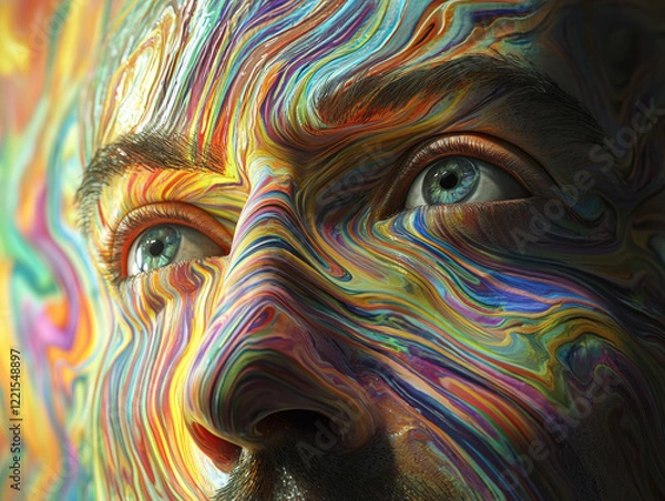 Fototapeta Surreal portrait of a figure emerging from a canvas with fluid, glowing features and intricate patterns in a close-up view