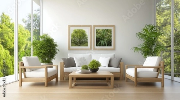 Fototapeta Modern Minimalist Living Room with Natural Light and Greenery in Bright Open Space Setting