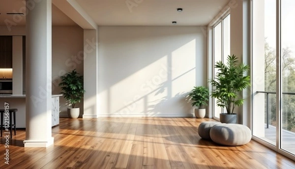 Fototapeta Empty modern room with polished brown hardwood parquet flooring, textured white walls. Sunlight streams through large windows overlooking outdoor space. Plants in pots add touch of green plants.