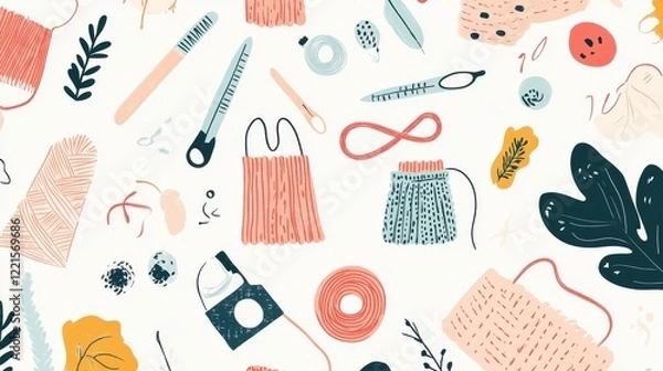 Fototapeta Abstract Art Featuring Yarn Tools and Botanical Elements